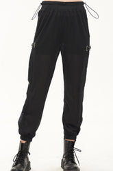 Pantalon long pour femme avec bouton de jambe amovible, décoration étoile à cinq branches en métal, style sport punk noir